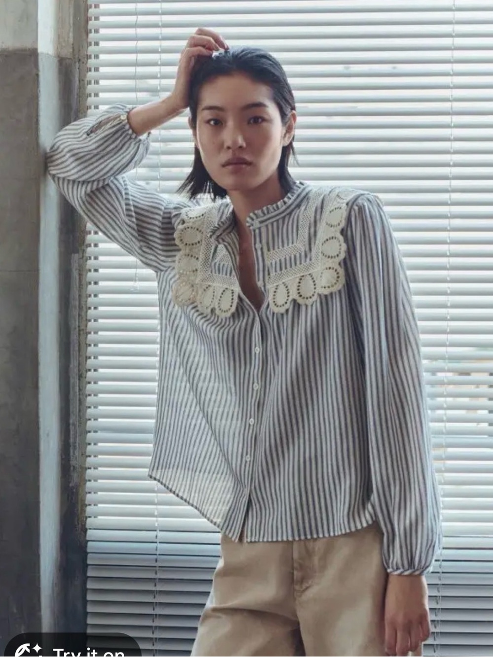 Mango Striped Lace-Yoke Blouse in White & Blue